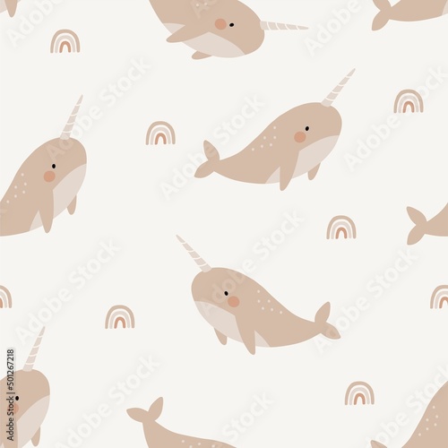 Cute cartoon Bohemian nursery pattern. Boho vector print for wall decor in children's bedroom. Seamless pattern with cartoon narwhal