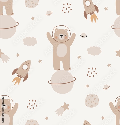 Cute cartoon Bohemian nursery pattern. Boho vector print for wall decor in children's bedroom. Seamless pattern with cartoon bear and space