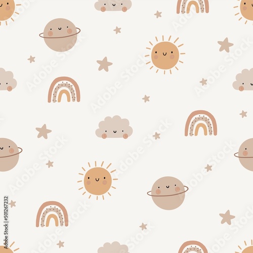 Cute cartoon Bohemian nursery pattern. Boho vector print for wall decor in children's bedroom. Seamless pattern with cartoon rainbow, sun, planet