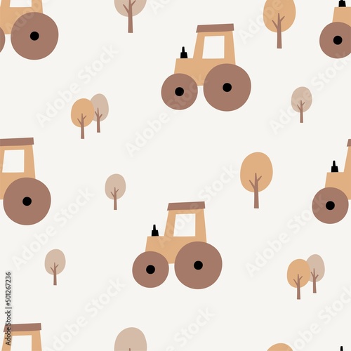 Cute cartoon Bohemian nursery pattern. Boho vector print for wall decor in children's bedroom. Seamless pattern with cartoon car
