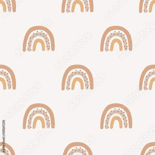 Cute cartoon Bohemian nursery pattern. Boho vector print for wall decor in children's bedroom. Seamless pattern with cartoon rainbow