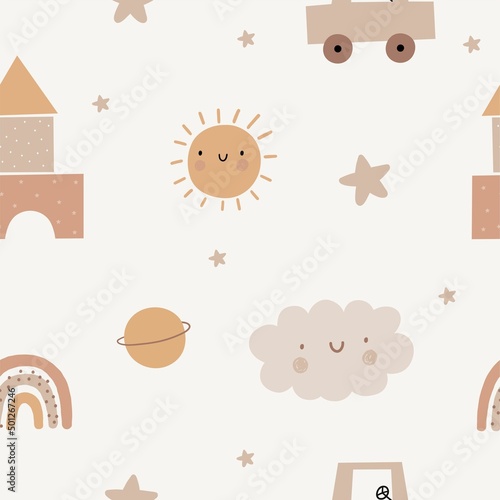 Cute cartoon Bohemian nursery pattern. Boho vector print for wall decor in children's bedroom. Seamless pattern with cartoon rainbow, sun, planet