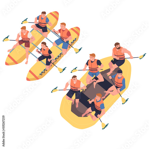 People Character Rafting in Inflatable Boat Rowing with Paddle Engaged in Water Sport Vector Set