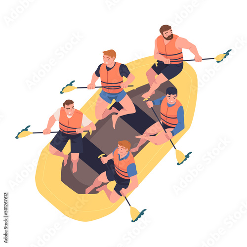Man Character Rafting in Inflatable Boat Rowing with Paddle Engaged in Water Sport Vector Illustration