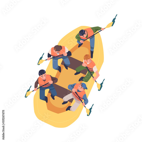 Man Character Rafting in Inflatable Boat Rowing with Paddle Engaged in Water Sport Vector Illustration