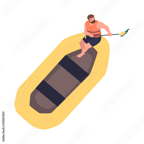 Man Character Rafting in Inflatable Boat Rowing with Paddle Engaged in Water Sport Vector Illustration