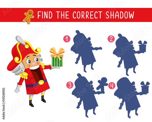 Find correct shadow. Game for children. Nutcracker character of Christmas New Year fairy tale. Activity, vector illustration. 