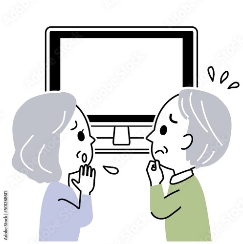 イラスト素材：テレビを見て不安な表情になる老夫婦（シニア接種/主線あり/白抜き）
