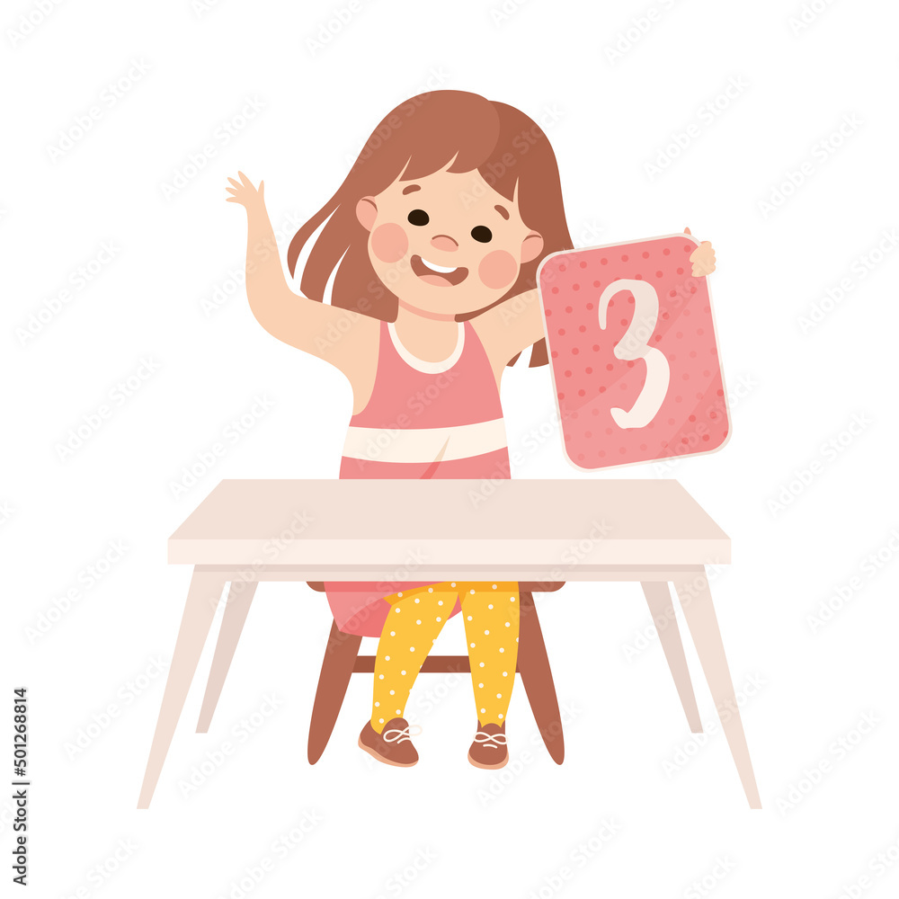 Little Girl with Number Three Sitting at Desk Showing Card with Numeral Vector Illustration Little Girl with Number Three Sitting at Desk Showing Card with Numeral Vector Illustration