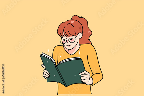 Happy woman reading book engaged in interesting novel. Smiling girl enjoy literature. Bookworm or booklover concept. Education and learning. Flat vector illustration. 