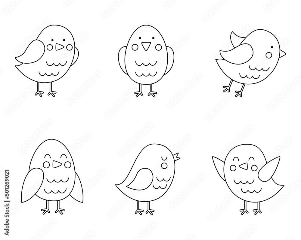Cute cartoon spring birds on white background. Coloring page. Cute cartoon spring birds on white background. Coloring page.