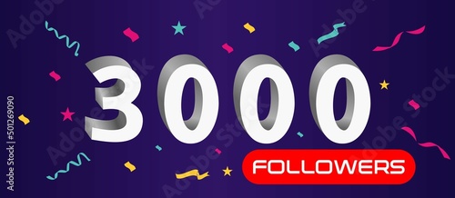 Illustration 3d numbers for social media 3k likes thanks, celebrating subscribers fans. Banner with 3000 followers 