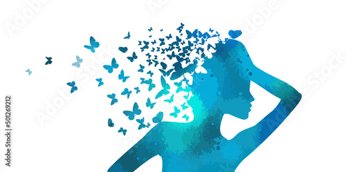 Vector blue silhouette of a girl surrounded by butterflies on a white background.