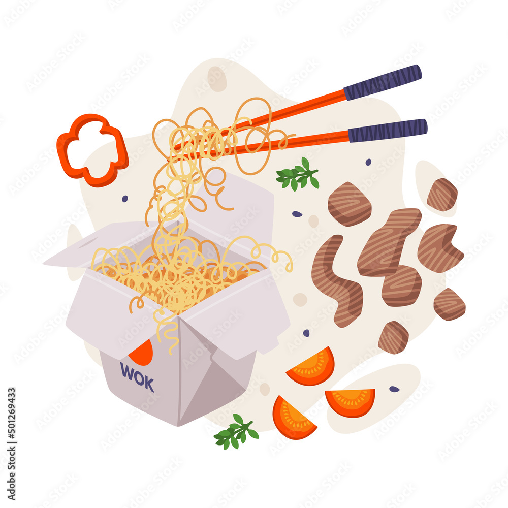Noodles in Carton Box with Chopsticks and Meat Slab as Wok Ingredients and Asian Food Vector Composition Noodles in Carton Box with Chopsticks and Meat Slab as Wok Ingredients and Asian Food Vector Composition