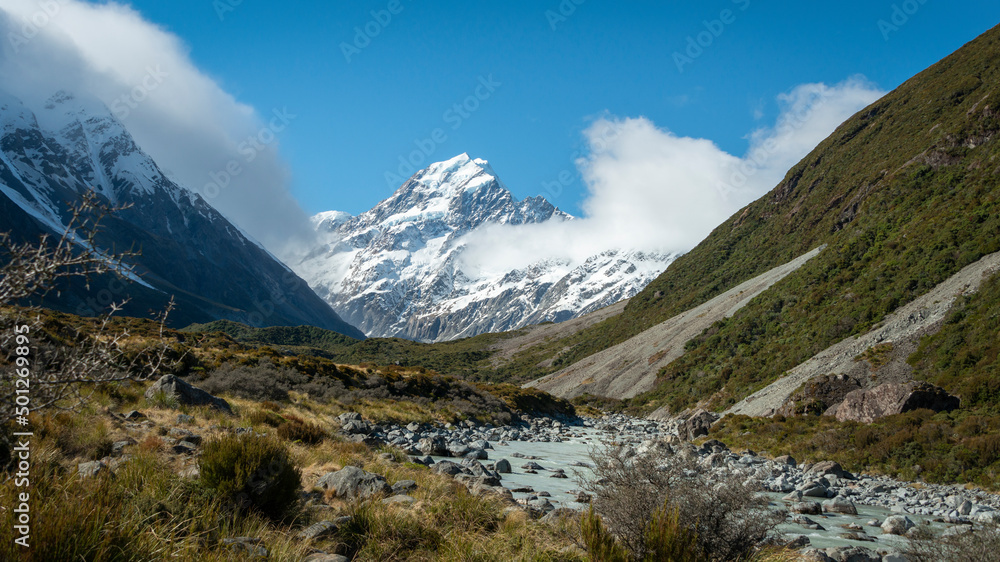 Rushing Hooker river under Mt Cook, South Island