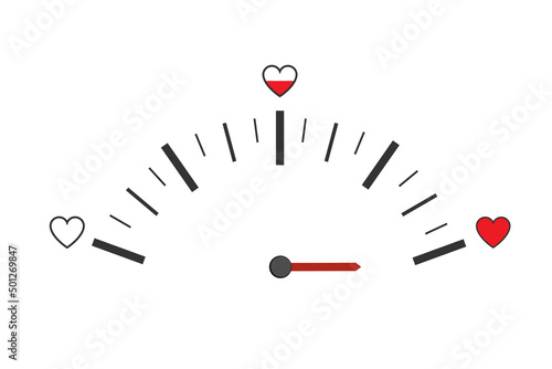 Love meter in speedometer design. Vector illustration with heart symbols and a pointer.