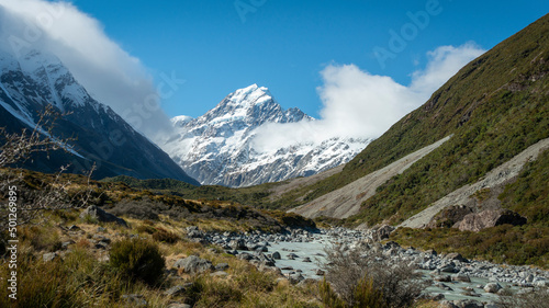 Rushing Hooker river under Mt Cook, South Island