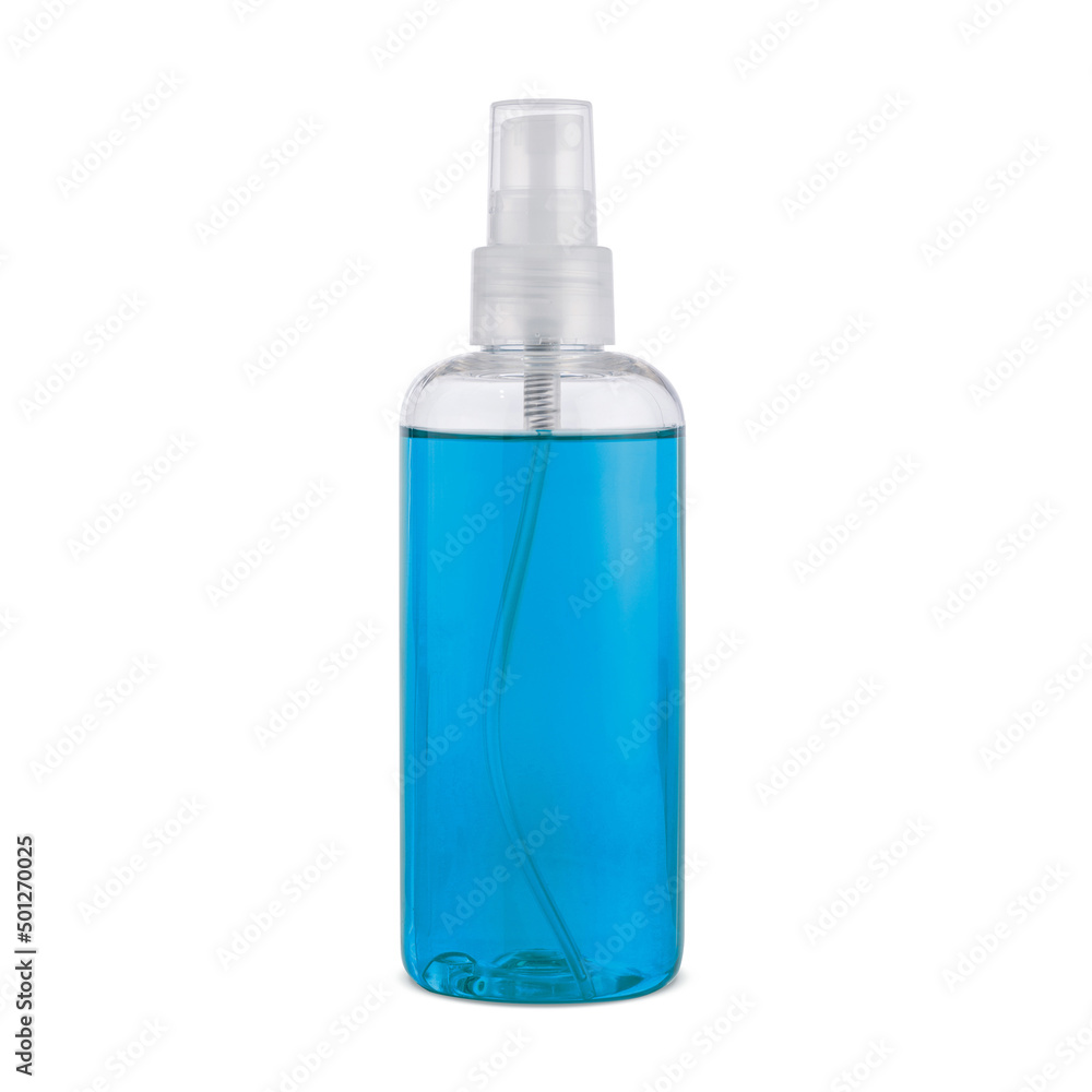 Transparent plastic bottle with a sprinkler. Packaging for various cosmetic and antiseptic products. Convenient modern packaging.