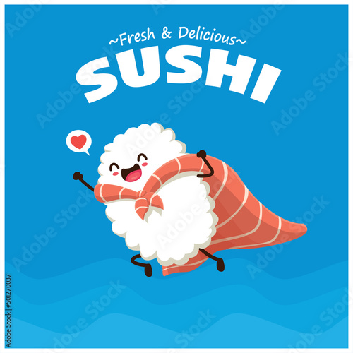 Vintage Japanese food poster design with vector maguro sushi character.