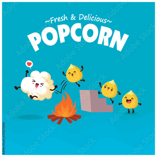 Vintage food poster design with popcorn character. photo