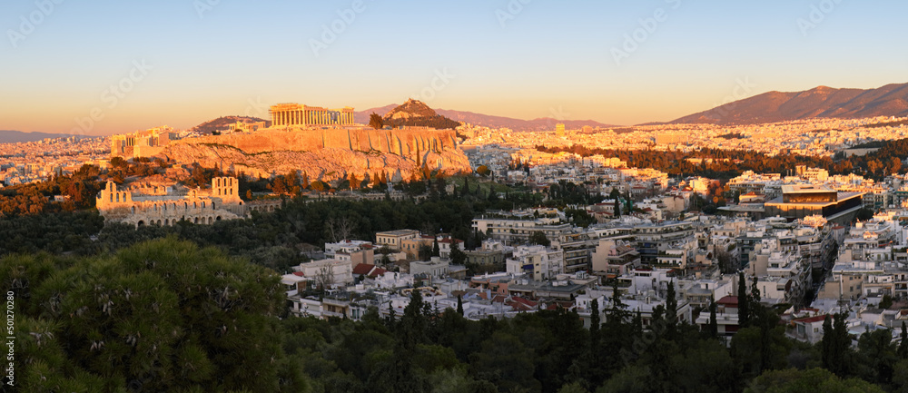 Acropolis of Athens, Greece, with the Parthenon Temple during sunset