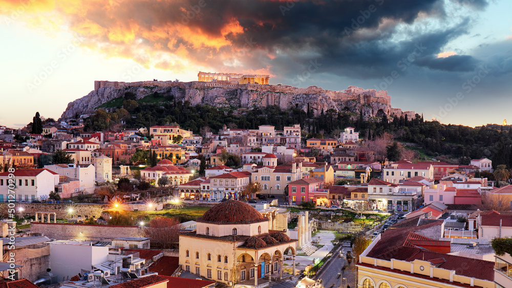 Athens and the Parthenon Temple of Acropolis during sunrise, Greece