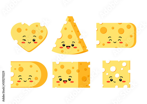 Cute cheese with hole various shapes slices vector character set. Flat design cartoon kawaii style triangular, square, rectangular, pieces of yellow cheese mascot illustration. Organic milk food chunk