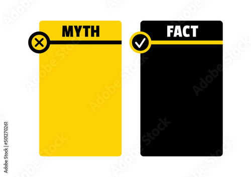 Myth and fact check list infographic vector set. True or fiction with check mark and cross in circle button isolated on white background. Flat design simple bad and good news template illustration.