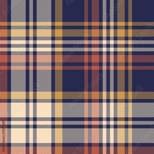 Plaid pattern in navy blue, brown, gold, beige for autumn winter. Seamless large asymmetric multicolored herringbone tartan check for scarf, blanket, duvet cover, other modern holiday fabric print.