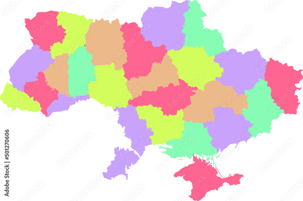 A map of Ukraine with administrative division over a white background. Regions are highlighted with different colors.