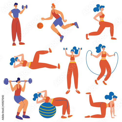 People athlete set. Fitness classes for men and women. Set of male and female trainers doing different sport exercises. Healthy lifestyle. Flat vector illustration
