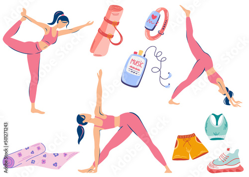Yoga classes. Girls do yoga in different poses. Sport equipment, gym accessory, Yoga mat, sportswear, fitness bracelet and player.  Workout stuff bundle. Flat vector illustration