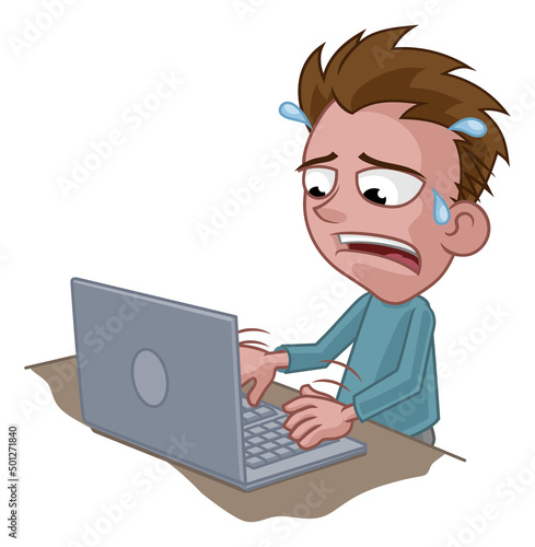 Stressed Anxious Man Using Laptop Cartoon