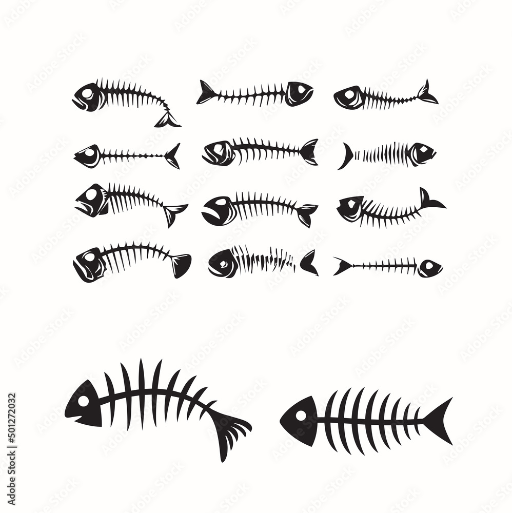 Fishbone icon, fishbone isolated skeleton vector silhouette. Cartoon dead fish bone of caudal vertebrae and sea herring head skull