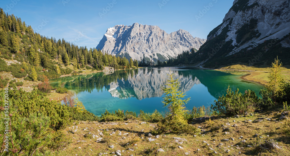 idyllic lake Seebensee, Mieminger Alps Ehrwald, tirolean landscape and hiking destination