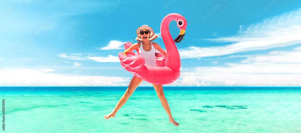 © Maridav - Vacation beach woman jumping of joy with pink flamingo pool float for summer holidays on ocean banner background. Fun travel excited girl for luxury Caribbean holiday panoramic © Maridav - Vacation beach woman jumping of joy with pink flamingo pool float for summer holidays on ocean banner background. Fun travel excited girl for luxury Caribbean holiday panoramic