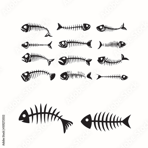 Fishbone icon, fishbone isolated skeleton vector silhouette. Cartoon dead fish bone of caudal vertebrae and sea herring head skull