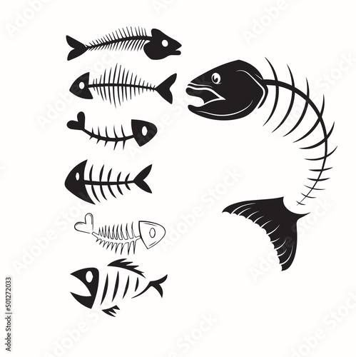 Fishbone icon, fishbone isolated skeleton vector silhouette. Cartoon dead fish bone of caudal vertebrae and sea herring head skull