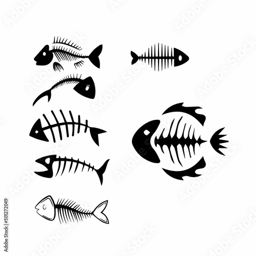 Fishbone icon, fishbone isolated skeleton vector silhouette. Cartoon dead fish bone of caudal vertebrae and sea herring head skull