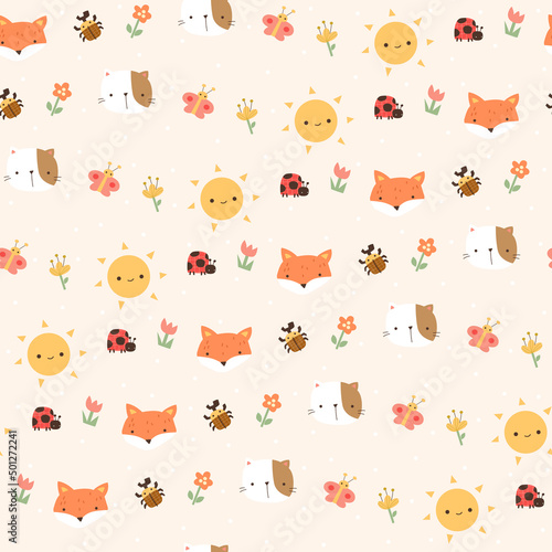 Fototapeta Naklejka Na Ścianę i Meble -  Spring themed animals in seamless pattern