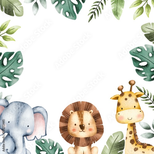 Watercolor Illustration Safari Animal Frame template 