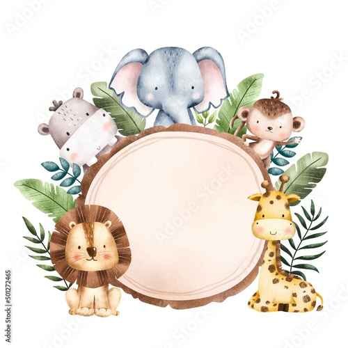 Watercolor Illustration Safari Animal Frame template 