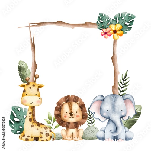 Watercolor Illustration Safari Animal Frame template 