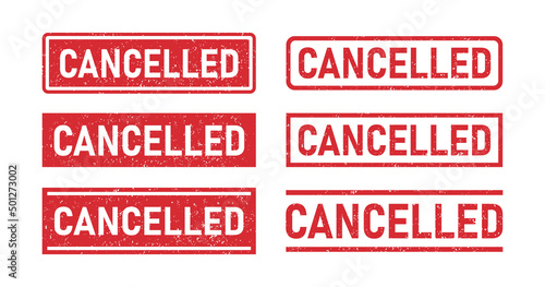 Grunge red cancelled word rubber stamp. Cancel sign sticker set. Grunge vintage square label. Vector illustration isolated on white background.