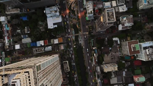 Bangkok aerial view from the drone to downtown Sathorn area with conterporary architecture