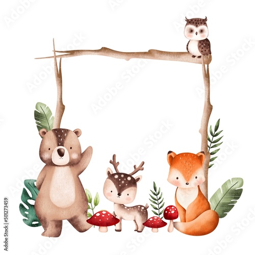 Watercolor Illustration Woodland Animal Frame 