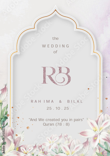 Islamic Wedding Invitation Template with Pink Watercolor
