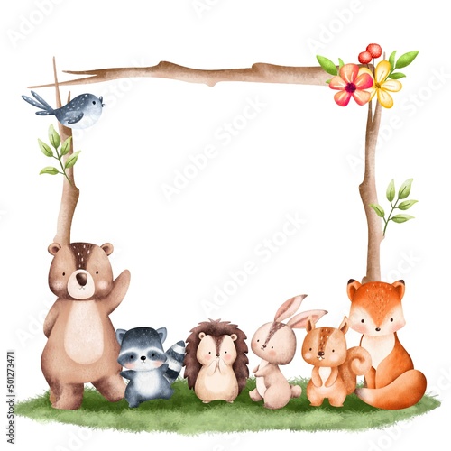 Watercolor Illustration Woodland Animal Frame 