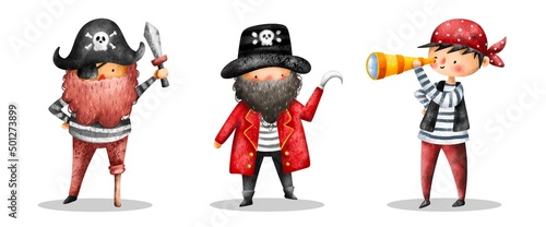 Set of Pirates Watercolor Illustration 