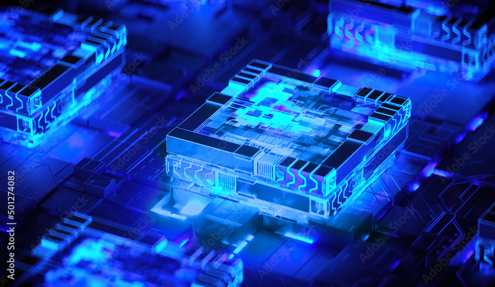 3D rendering of cyberpunk AI. Circuit board. Technology background ...